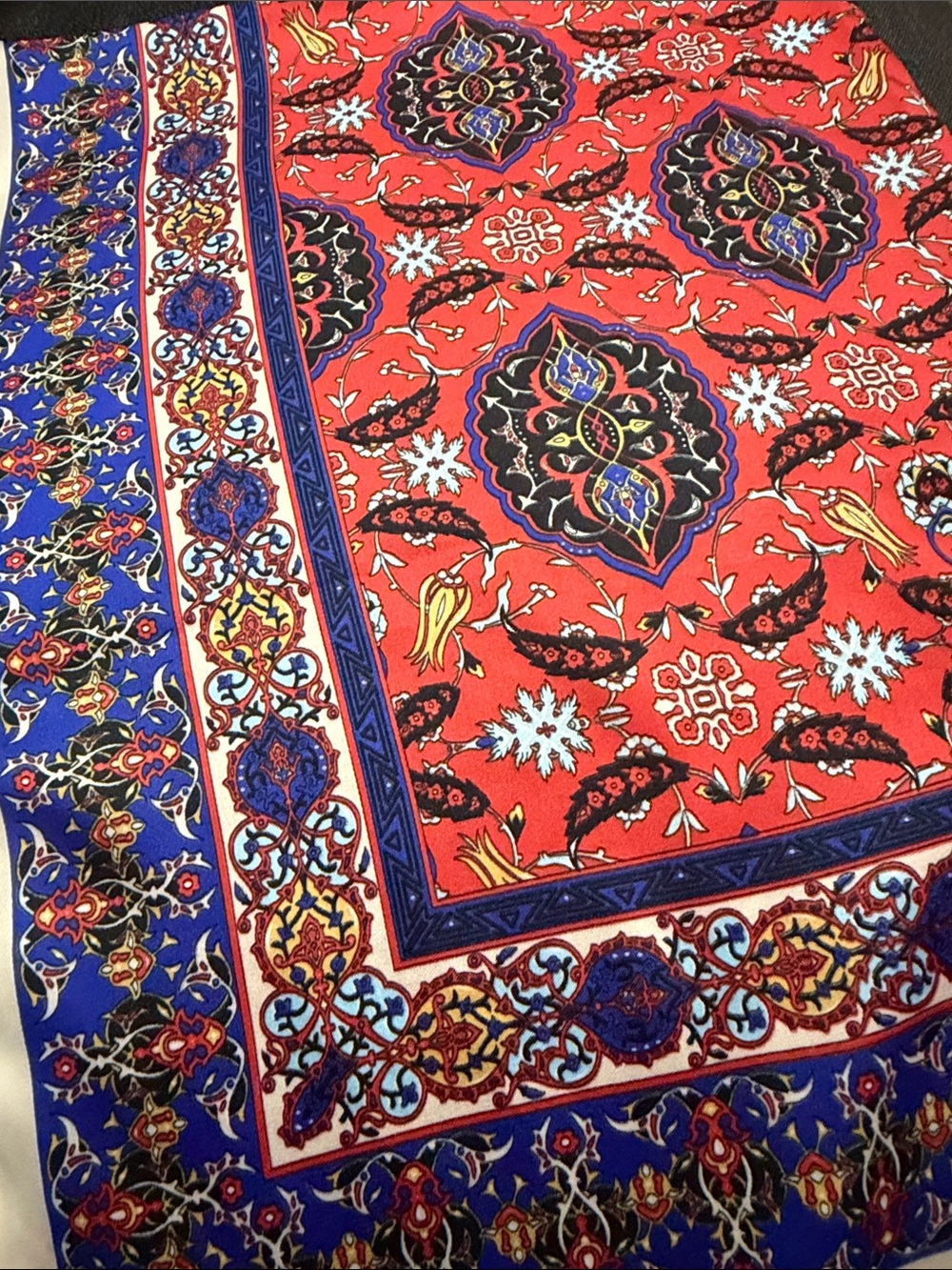 Paisley Silk Print Scarf in Coral & Royal Blue